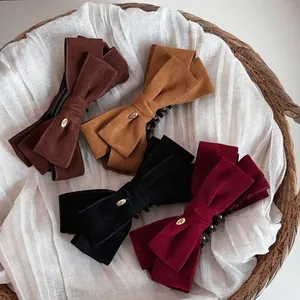 Vintage Velvet Double Layer Bow Banana Clip For Women Elegant High-end Hair Clip With Gold Metal Detail Hair Accessory
