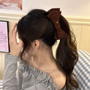 Vintage dark brown velvet double bow banana clip with golden metal buckle on ponytail