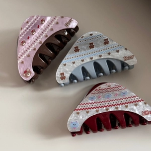 Three-piece acetate hair claw set with marble texture and cute cartoon bear kitten prints