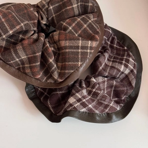British style plaid and leather patchwork hair scrunchies in brown and taupe colors