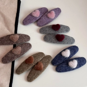 Cute autumn plush heart hair clips in various colors with herringbone fabric texture