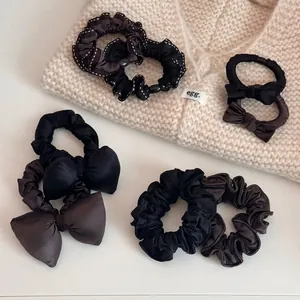Korean Style Satin Bow Scrunchies High Elasticity Hair Ties Elegant Solid Color Hair Rings For Women Daily Accessories