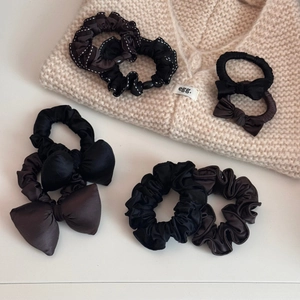 Elegant Korean style bow hair scrunchies set in black and dark brown satin and chiffon