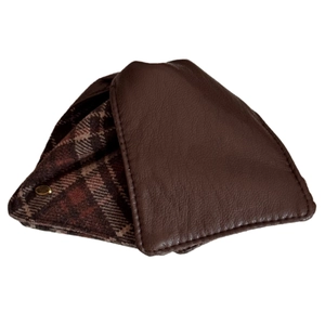 Brown leather triangular hair claw clip with vintage plaid lining and golden button detail