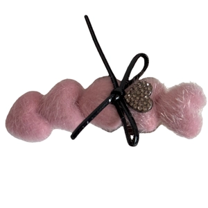 Rosa Plüsch-Haarspange mit schwarzer Schleife und glänzendem Strass-Herzanhänger