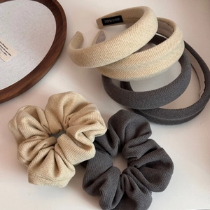 Vintage textured fabric headband and scrunchie set in beige and charcoal grey colors