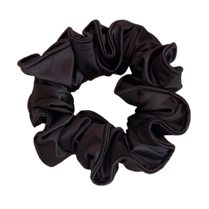 Elegant large black satin silk scrunchie with elastic bow design for high ponytail styling