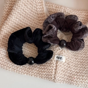 Set of two plush velvet hair scrunchies in black and brown with large decorative beads