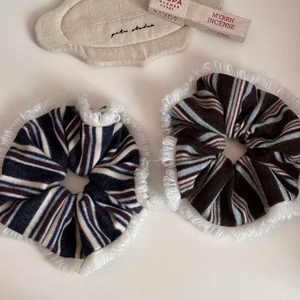 Oversized striped knit hair scrunchies with white fringe edges in vintage style