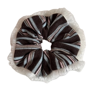 Oversized brown striped knit hair scrunchie with soft white faux fur trim for women