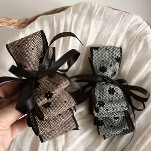 French Vintage Tweed Bow Hair Clip Elegant Multi Layer Banana Clip With Satin Ribbon Flower Pattern Hair Accessories For Women