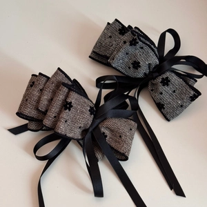 Elegant checkered tweed bow hair clips with embroidered flowers and black satin ribbons
