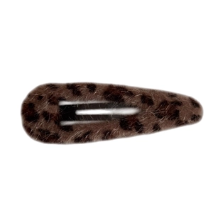 Plush leopard print hair clip in coffee brown faux fur with classic snap closure style