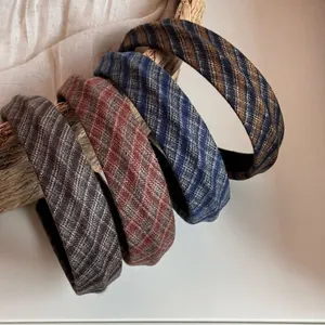 Vintage Plaid Fabric Wide Headband For Women Autumn Winter High Top Hairband Elegant Grid Pattern Headpiece Fashion Accessor