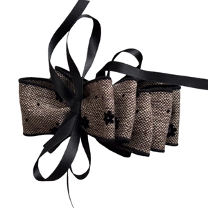 Floral flocked multilayer bow hair clip with elegant long ribbons for ponytail styling