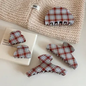 Vintage Plaid Acetate Hair Claw Clip Retro Orange Blue Check Pattern Shark Clip Strong Hold Hairpins For Women Jewelry