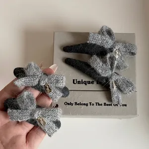 Women Korean Style Autumn Winter Soft Knit Wool Bowknot Hair Clip Grey Elegant Knitted Bow Duckbill Clip Hair Accessories