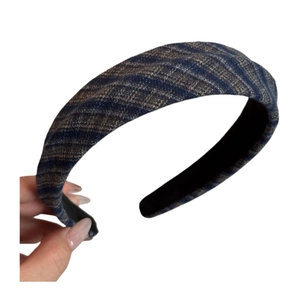 Retro plaid fabric headband with wide padded design in navy and beige colors