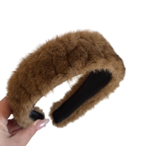 Thick warm brown plush headband for women with soft faux fur and anti-slip lining