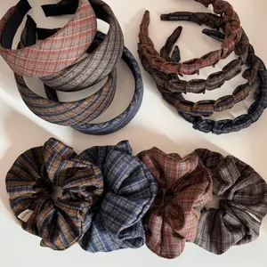 French Style Vintage Plaid Wide Headband For Women British Checked Fabric Hair Band Handmade Thickened Non-Slip Hair Hoop
