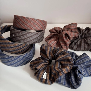 Plaid fabric headband and scrunchie set in vintage red, gray, and purple tones
