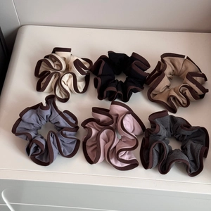 Set of 6 premium ruffled scrunchies with contrast stitching in assorted earthy tones