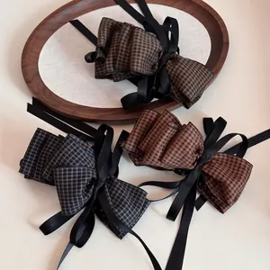 Vintage Plaid Houndstooth Bow Hair Clip Elegant Cloth Satin Ribbon Large Banana Clip For Women Retro Hair Accessories