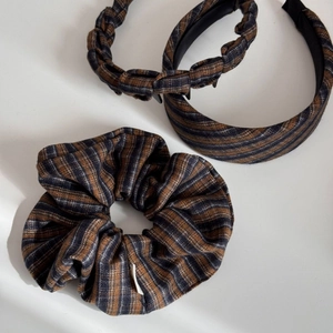 Three-piece French fabric hair accessory set with vintage striped headbands and scrunchie