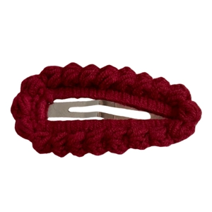 Handmade burgundy crochet hair clip with knitted scalloped edges and metal BB base