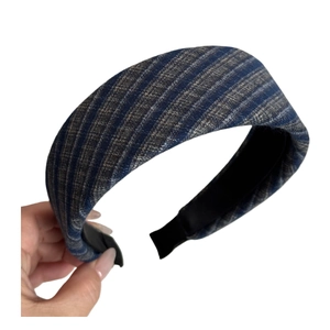 French style wide fabric headband in blue-grey stripes with thick padded retro design