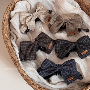 Handmade Plaid Fabric Bow Banana Clip For Women Elegant Korean Style Large Hair Clip With Leather Label Retro Hair Accessory