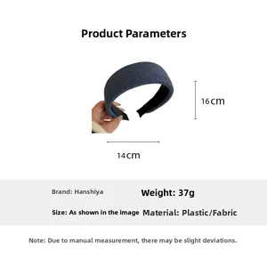 Detailed size chart showing dimensions of 16x14cm for the wide denim fabric headband