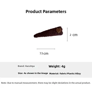Detailed dimensions of brown wool triangle hair clip with heart accent, 7.5cm length