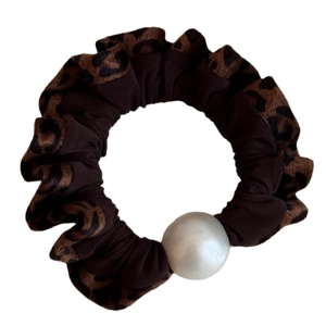 Leopard print and brown fabric scrunchie with large white pearl accent for women