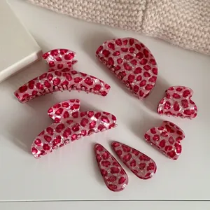 Korean Style Pink Leopard Print Acetate Hair Claw Clips Shark Clips Marble Pattern Catch Barrette For Women Girls Hair Styling