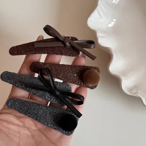 Vintage Korean Velvet Hair Clips With Artificial Leather Bow And Plush Ball Handmade Alloy Duckbill Clips For Women
