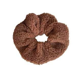 Brown fluffy teddy plush oversized scrunchie for women, soft aesthetic hair elastic tie