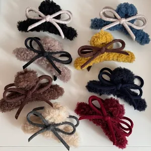 Plush Bow Hair Claw Clip For Women Autumn Winter Korean Style Faux Fur Shark Clip Sweet Bowknot Hair Accessories Headwear