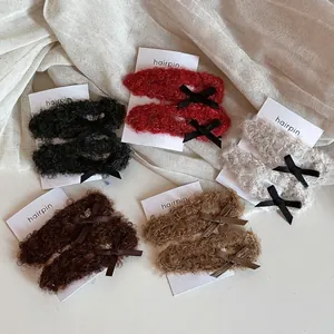 Fuzzy Plush Bowknot Hair Clips Autumn Winter Sweet Teddy Velvet BB Clips Cute Fabric Bow Hairpins For Women Girls Hair Accessories