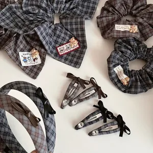 Korean Retro Plaid Bear Scrunchies For Women Girls Cute Bow Rhinestone Hair Clips Headband Fabric Hair Ties Accessories