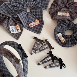 Plaid hair accessories set featuring large scrunchies and headbands with cute teddy bears