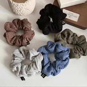 Vintage Ribbed Knit Scrunchies For Women Handmade Elastic Hair Ties Solid Color Striped Ponytail Holders Hair Accessories