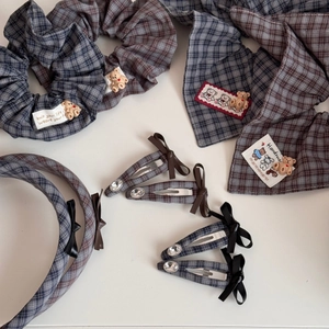 Plaid hair accessories set with teddy bear decor including scrunchies and headbands