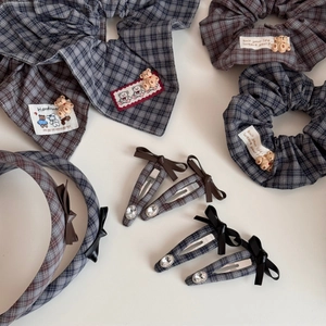 British style plaid hair accessories set featuring cute bears and handmade fabric labels