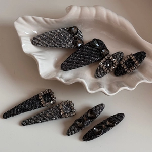 Elegant black rhinestone hair clip set with tweed fabric for a luxury hair accessory look