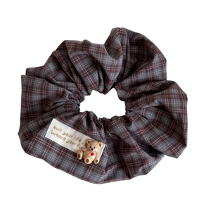 Checkered scrunchie with cute bear ornament and white fabric tag for women