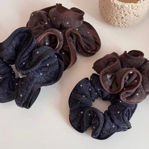Vintage polka dot knit hair scrunchie in coffee and blue colors with satin ruffled edges