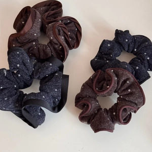 Retro polka dot knitted scrunchies set in dark coffee and grey blue colors