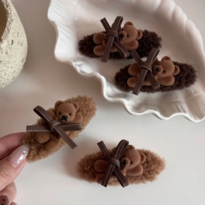 Cute Plush Teddy Bear Bowknot Duckbill Hair Clip Korean Style Autumn Winter Side Pin Accessory For Women Girls Hair Ornament