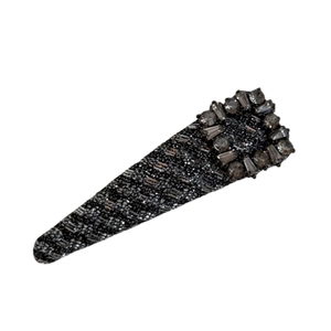 Elegant grey fabric hair clip with luxury rhinestone buckle and sparkling texture detail